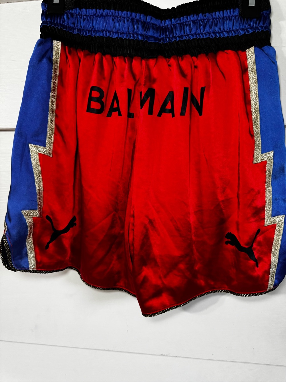 NWT Puma x Balmain Cara Delevingne Boxing Shorts Red Blue Gold Satin Size S 5968
